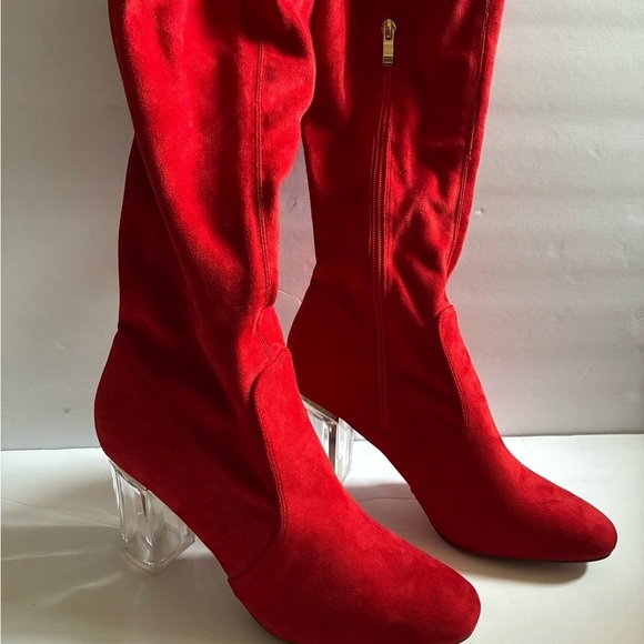 Shoes - Red Suede Women's Boots with Clear Heels